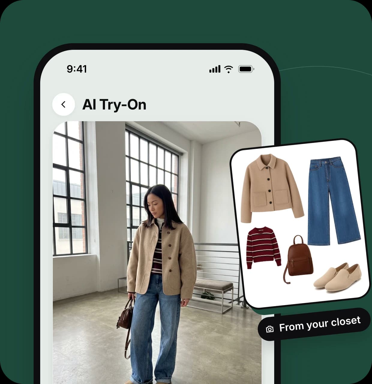AI Try-On on iPhone showing a woman wearing a beige jacket and wide jeans picked from her closet