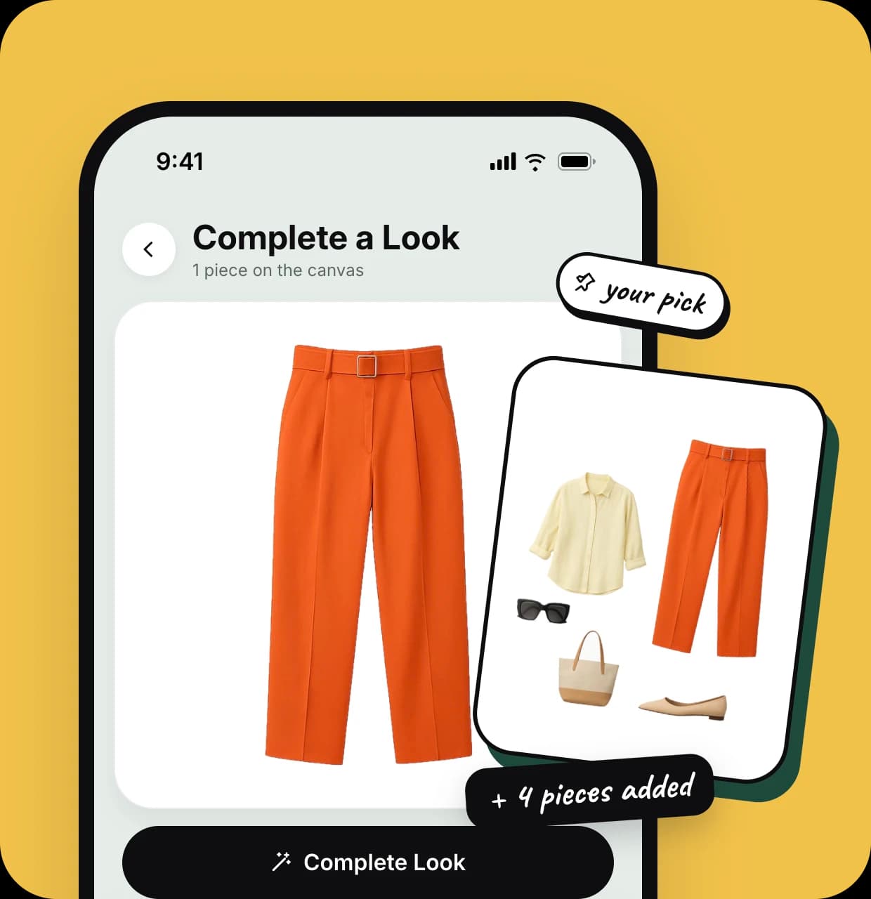 Complete a Look on iPhone: orange trousers on the canvas, with Attiri adding a light top, a bag and shoes