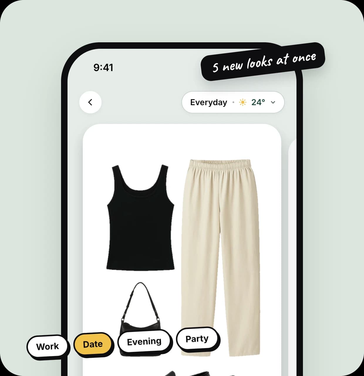 Attiri's outfit generator on iPhone showing a black tank, cream trousers and a black bag, with occasion chips for Work, Date, Evening and Party