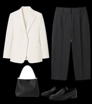 Flat lay of a white blazer, black trousers, a black bag and loafers