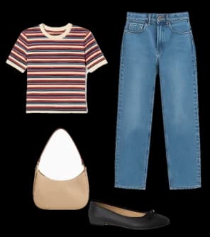 Flat lay of a striped tee, jeans, a beige shoulder bag and ballet flats