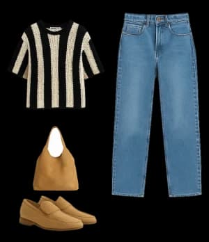 Flat lay of a striped knit tee, blue jeans, a woven bag and suede loafers