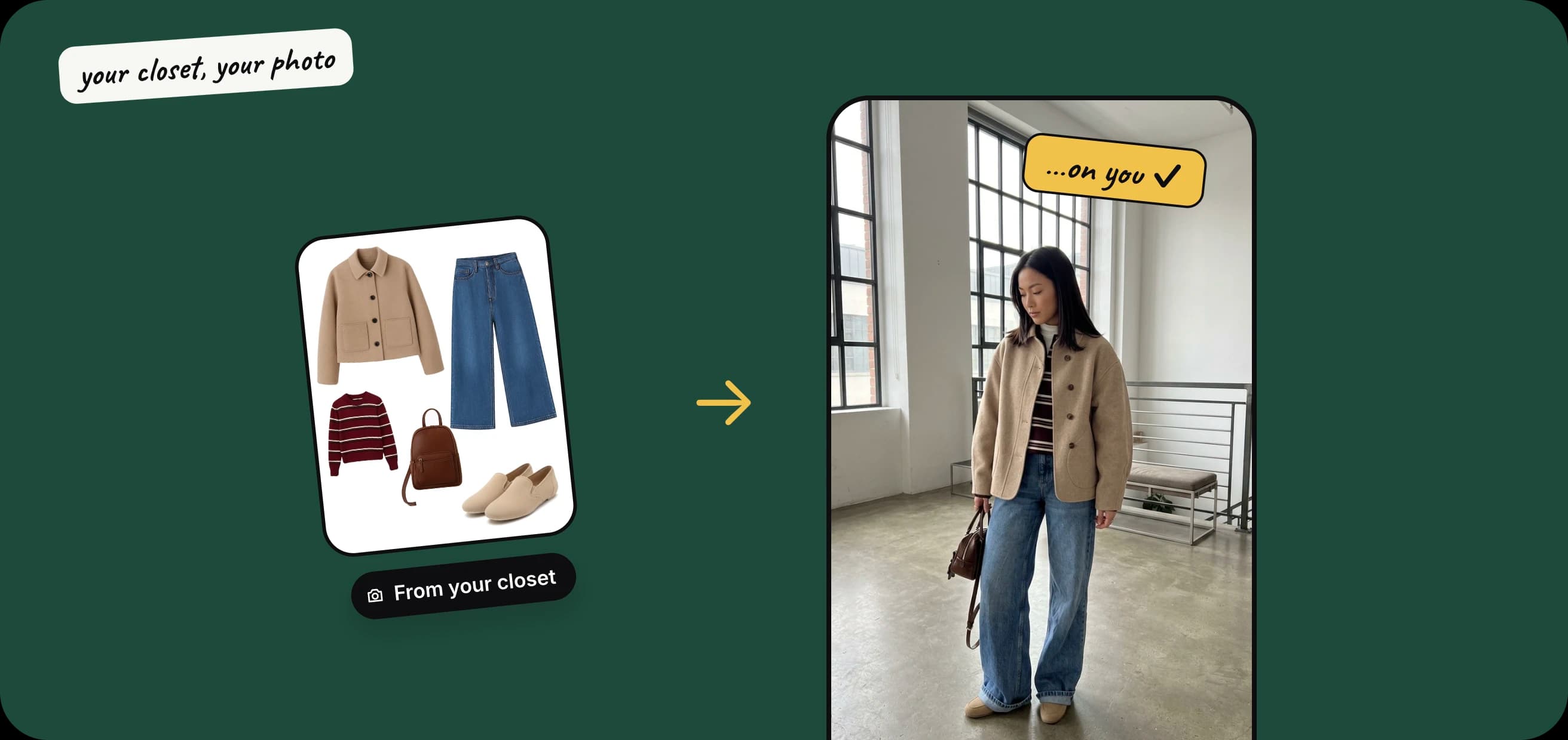 A flat-lay of a camel jacket, jeans, burgundy jumper, leather bag and loafers labelled “From your closet”, with an arrow to a photo of a woman wearing the same outfit, tagged “…on you ✓”.