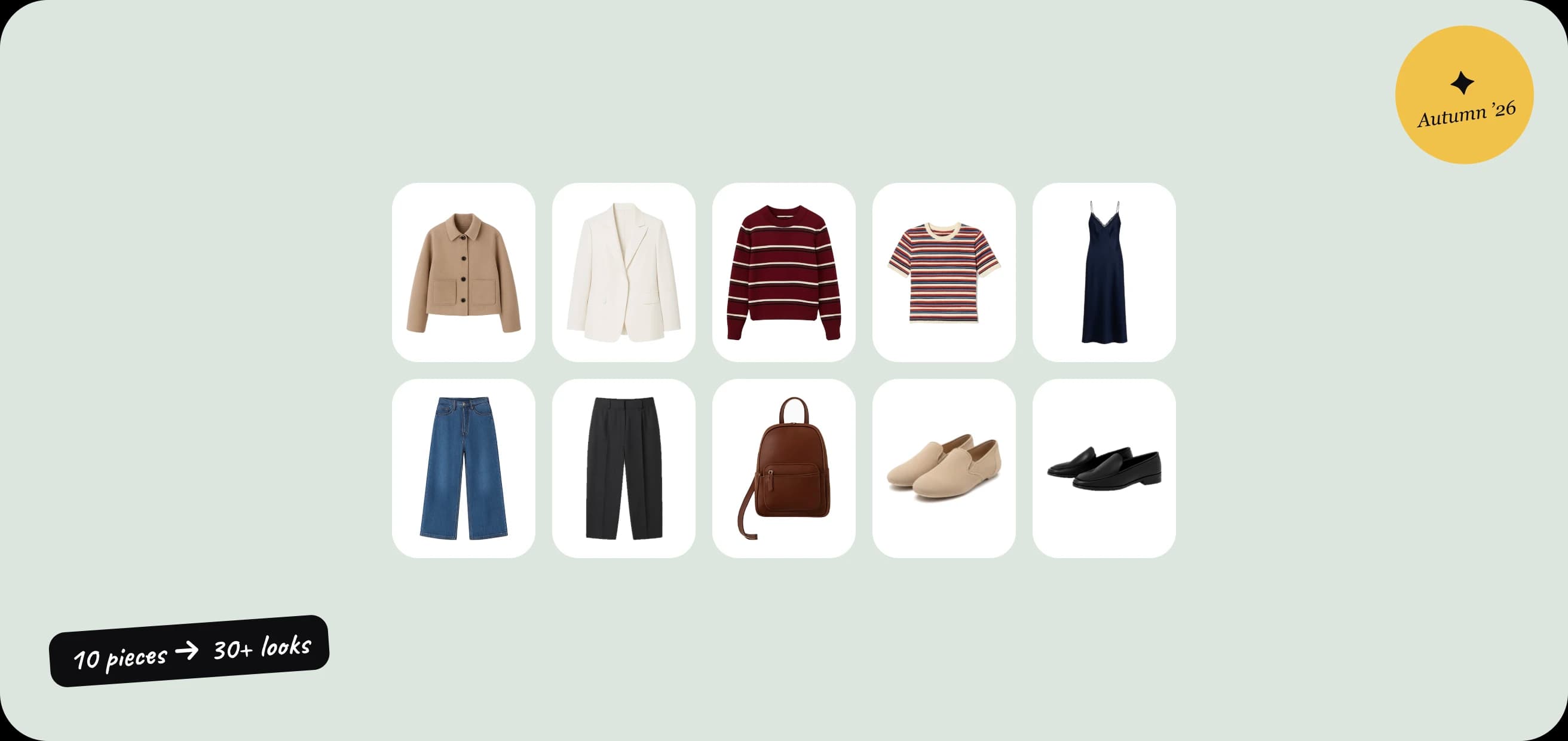 Ten autumn capsule pieces laid out in two rows: camel jacket, cream blazer, burgundy jumper, striped tee, black slip dress, wide jeans, black trousers, brown leather backpack, beige loafers and black loafers. A note reads “10 pieces → 30+ looks”.