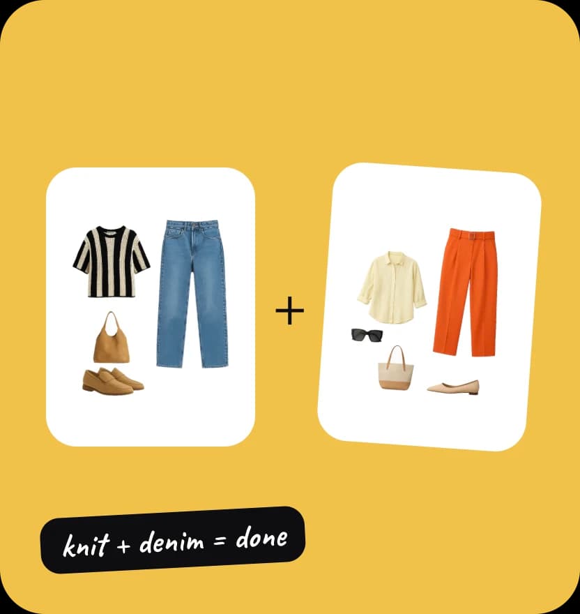 Two outfit flat-lays side by side on a yellow background: a striped knit with jeans, and a cream shirt with orange trousers. A note reads “knit + denim = done”.